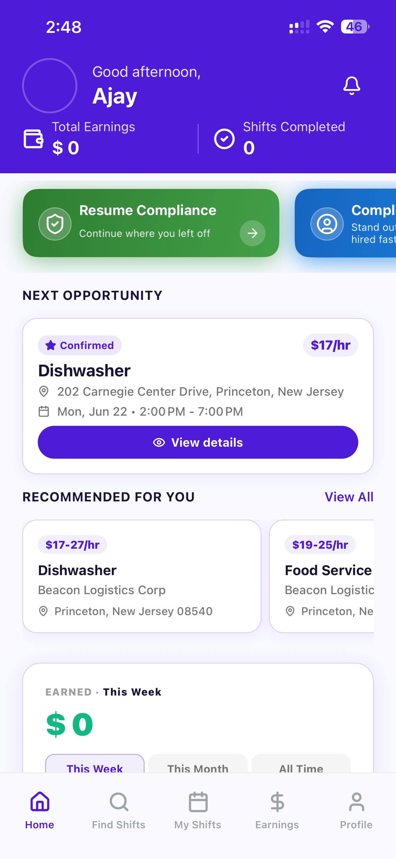 SquadCompass worker dashboard — earnings, next opportunity, and recommended shifts