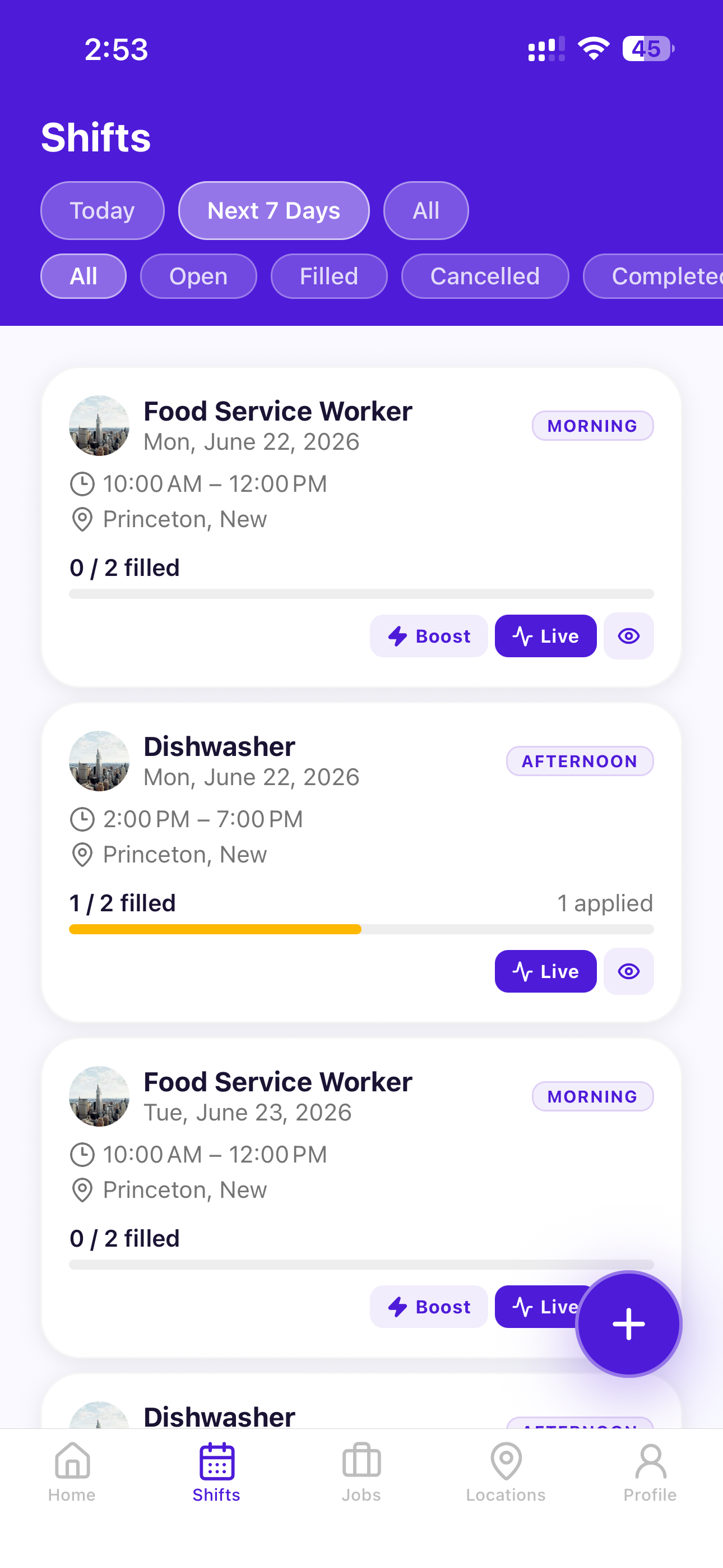 SquadCompass business shifts list — open, filled, boosted, and live shifts