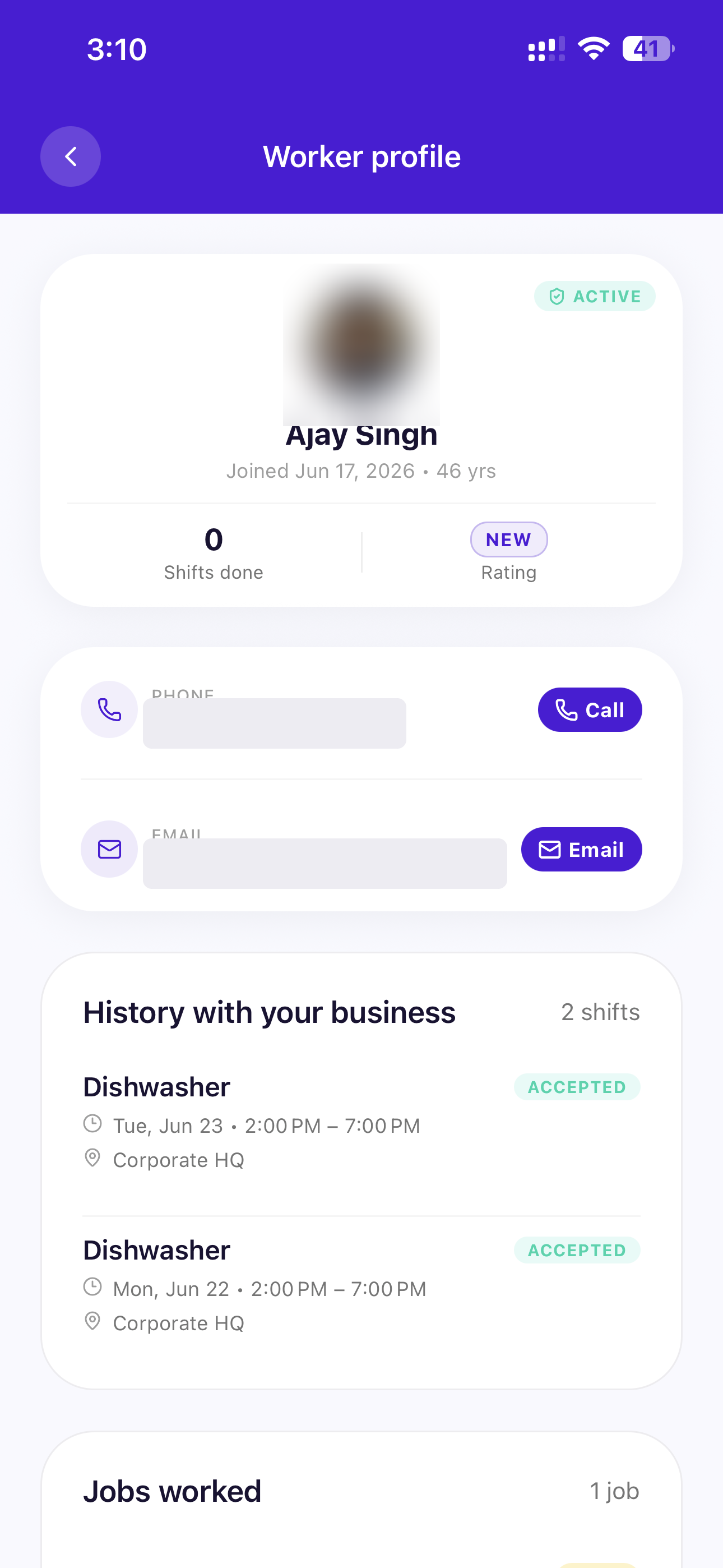 SquadCompass verified worker profile — active status, rating, and shift history